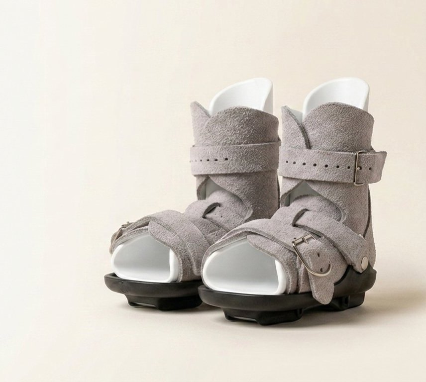 A pair of Lazarus Ponseti boots: soft grey suede uppers, smooth white lining, and a black sole that clips to the bar.